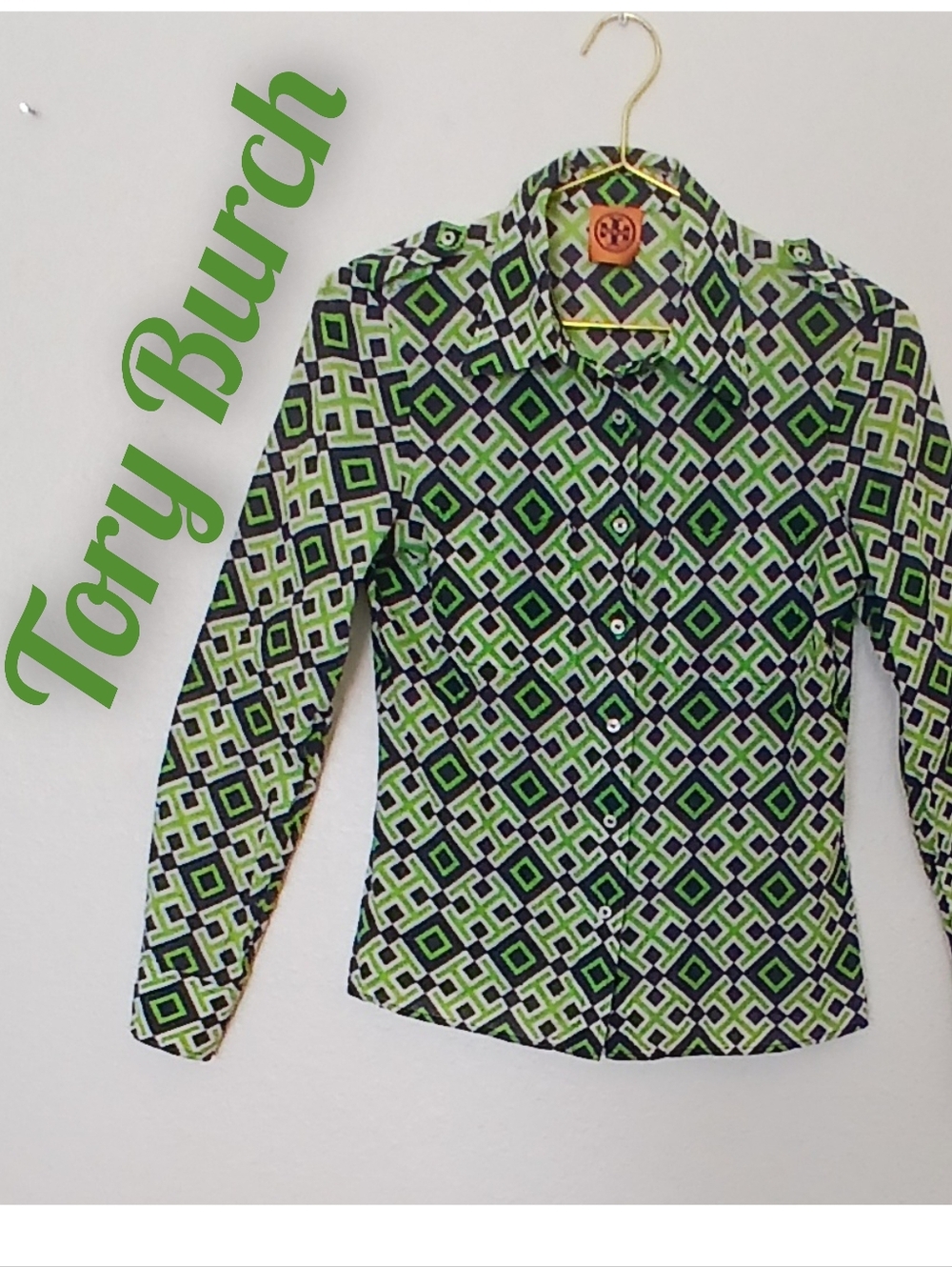 Tory Burch Green Navy Geometric Button-Down Shirt